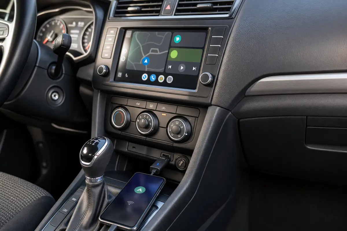 Come collegare lo smartphone all'auto senza cavi, anche se non è nuovissima - Melablog 4 Cruscotto auto con schermo infotainment, smartphone sulla console e adattatore USB collegato