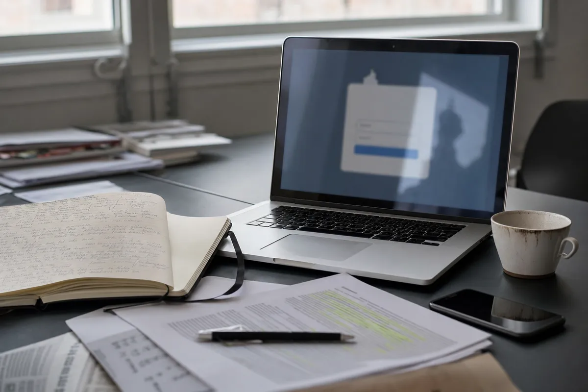 Ho usato degli utensili da cucina per potenziare il mio Wi-Fi, e ha funzionato davvero - Melablog 4 Scrivania con laptop su schermata di login sfocata, taccuino di appunti, fogli evidenziati, smartphone e tazza di caffè