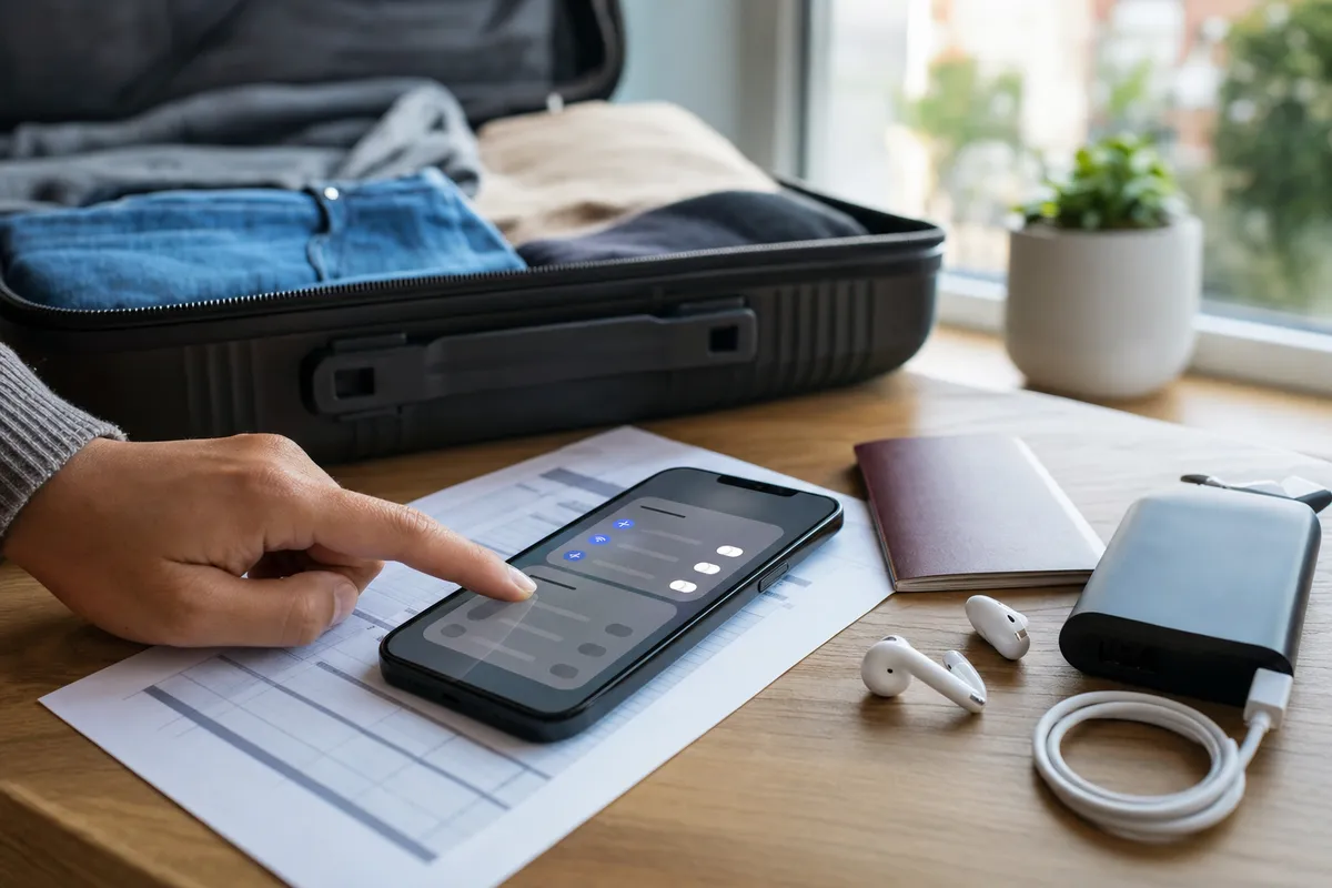 Mano che controlla le impostazioni su uno smartphone accanto a valigia aperta, documenti di viaggio, power bank e auricolari